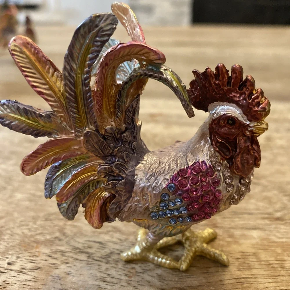 Multicolor Metal Bejewled Rooster Chicken Trinket Box Enameled Interior